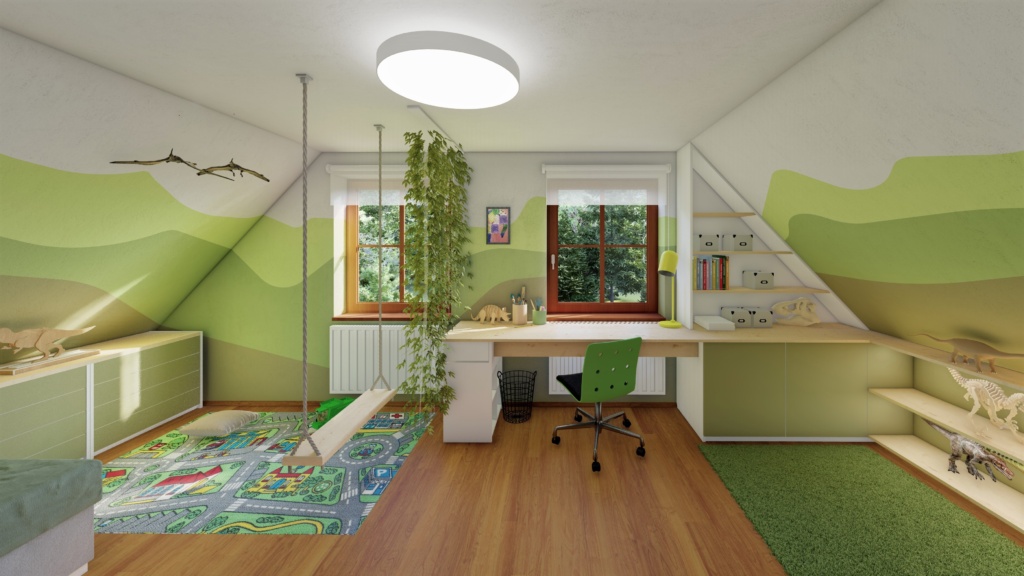 podkrovní dětský pokoj v zelené barvě