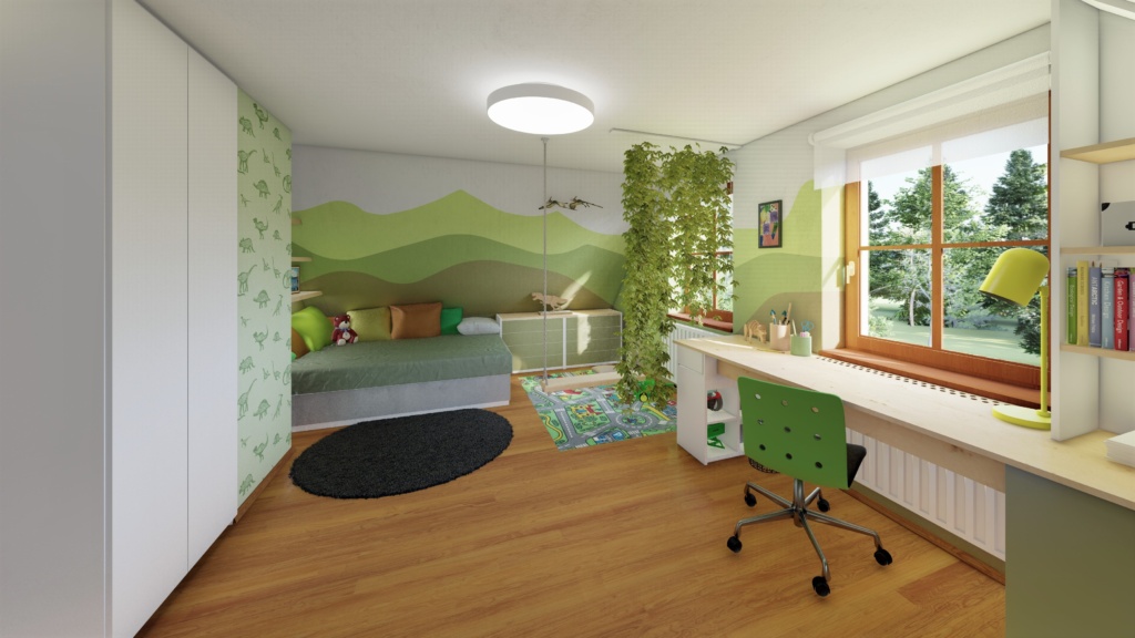 podkrovní dětský pokoj v zelené barvě