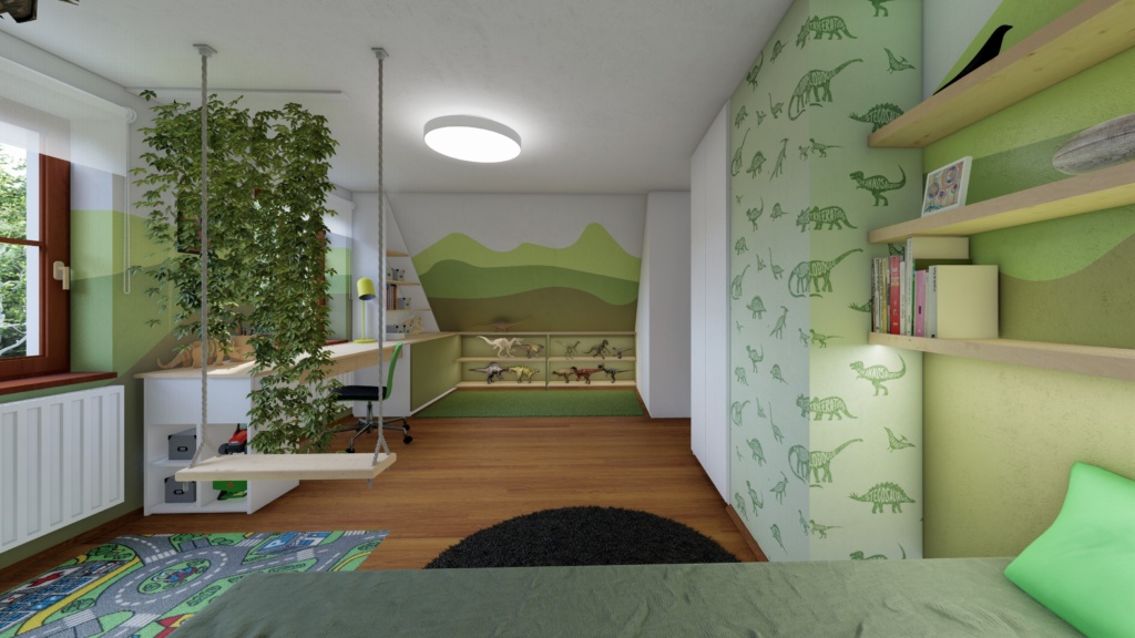 podkrovní dětský pokoj prostorný v zelené barvě