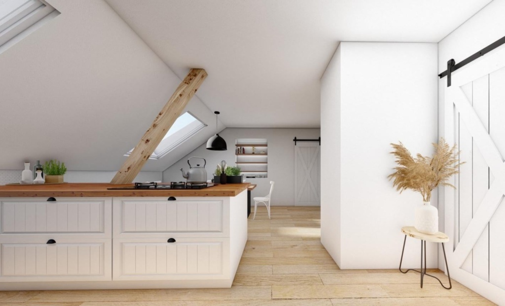 moderní podkrovní kuchyně ve skandinávském stylu