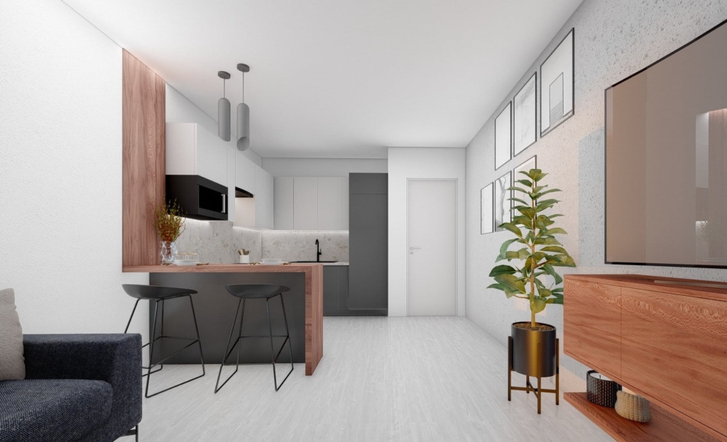 moderní kuchyně s barem s obývacím pokojem