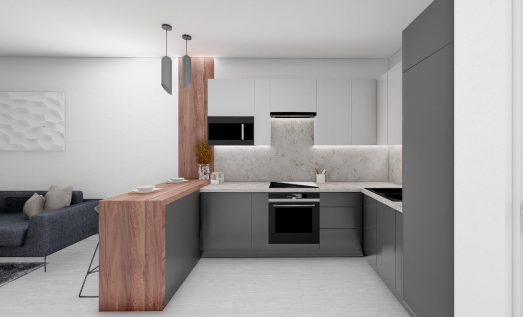 moderní kuchyně s barem spojená s obývacím pokojem