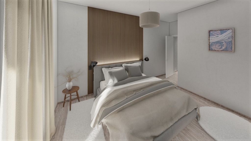 prosvětlená moderní ložnice s manželskou postelí