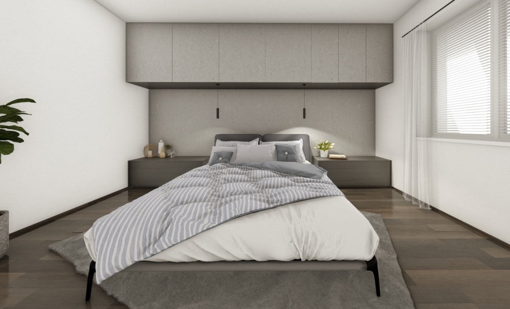 prosvětlená moderní ložnice minimalistická