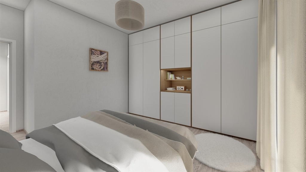 prosvětlená moderní ložnice s manželskou postelí
