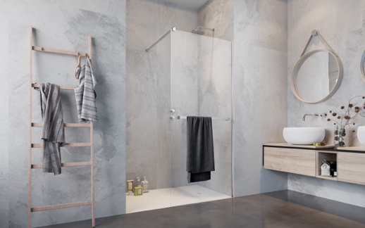 moderní koupelna v šedivé barvě s rohovým sprchovým koutem