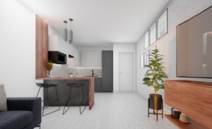 moderní prosvětlená kuchyň spojená s obývacím pokojem