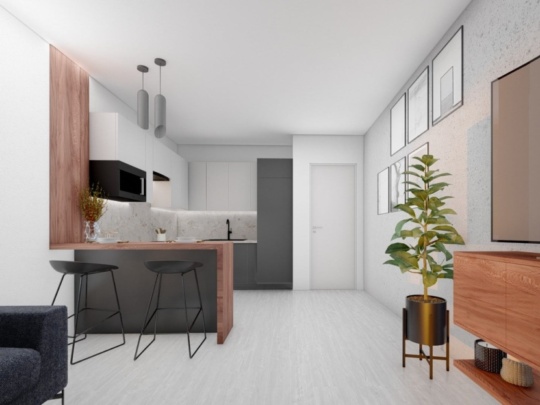 moderní prosvětlená kuchyň spojená s obývacím pokojem