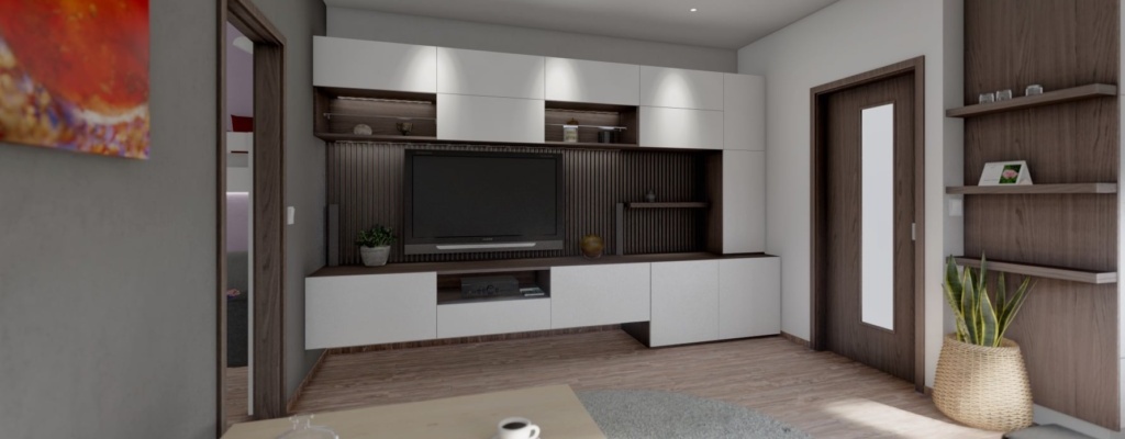 Návrh moderního obývacího pokoje s velkým úložným prostorem