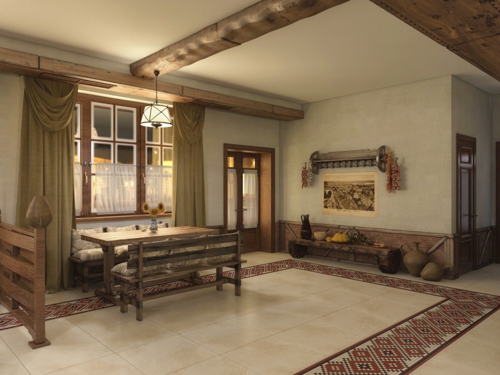 3D návrh restaurace v rustikálním stylu s dřevěnými prvky