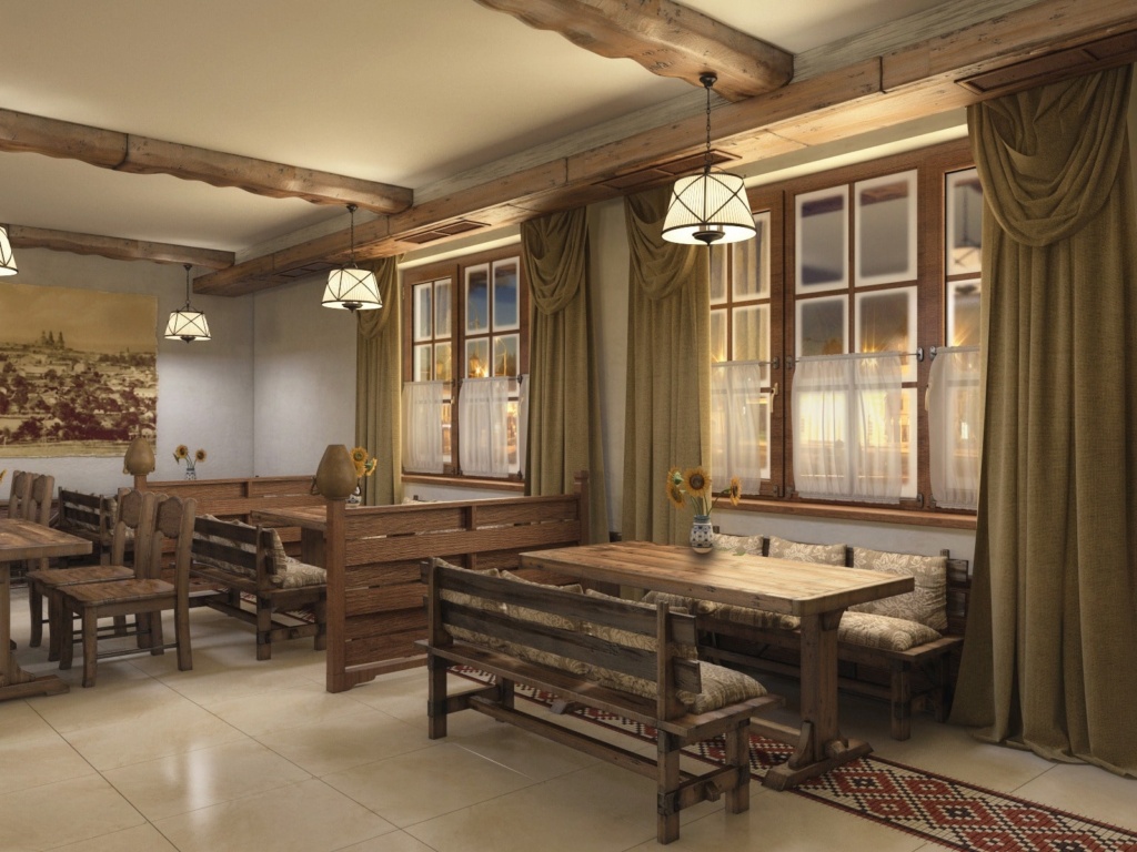 3D návrh restaurace v rustikálním stylu s velkými okny