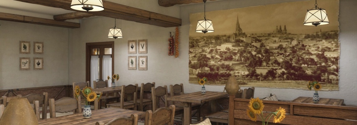 3D návrh restaurace v rustikálním stylu